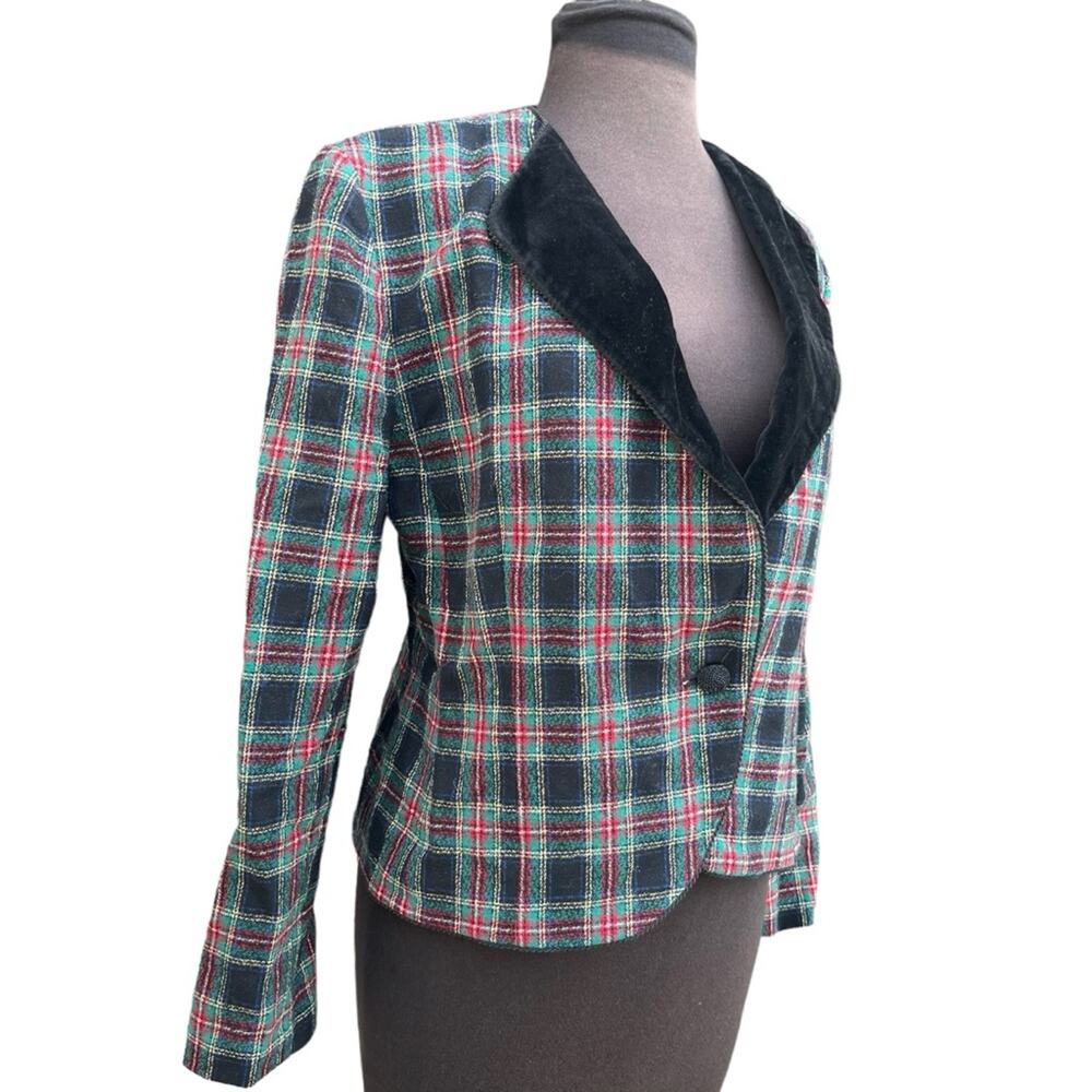 Vtg Pendleton Wool Plaid Velvet Collar Holiday Preppy Cropped Blazer Womens MP